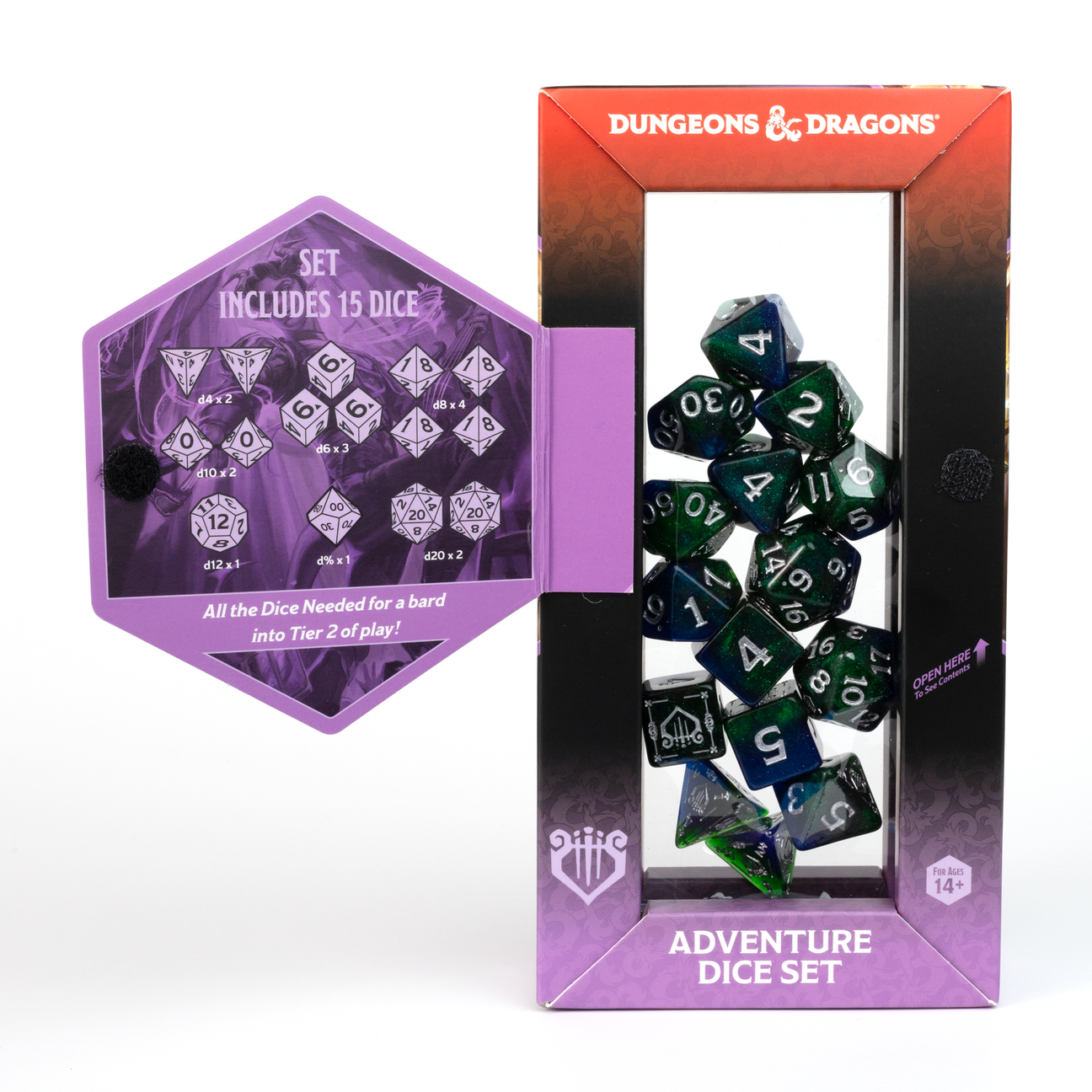 D&D Adventure Dice: Bard (Blue) - Set of 15 blue and white Dungeons & Dragons dice, including d20, d12, d10, d8, d6, and d4, with numeric faces and a.