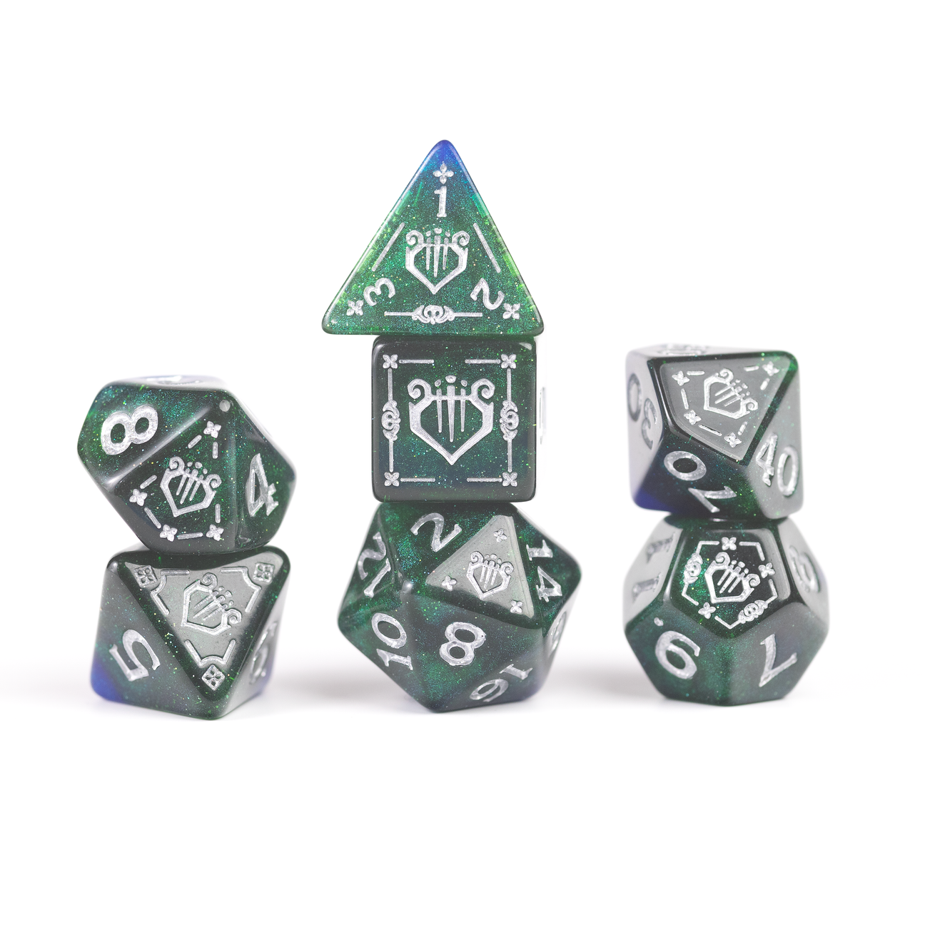 D&D Adventure Dice: Bard (Blue) - Set of seven polyhedral dice with blue and green gradient, white numbers, and musical instrument icons themed for bard.