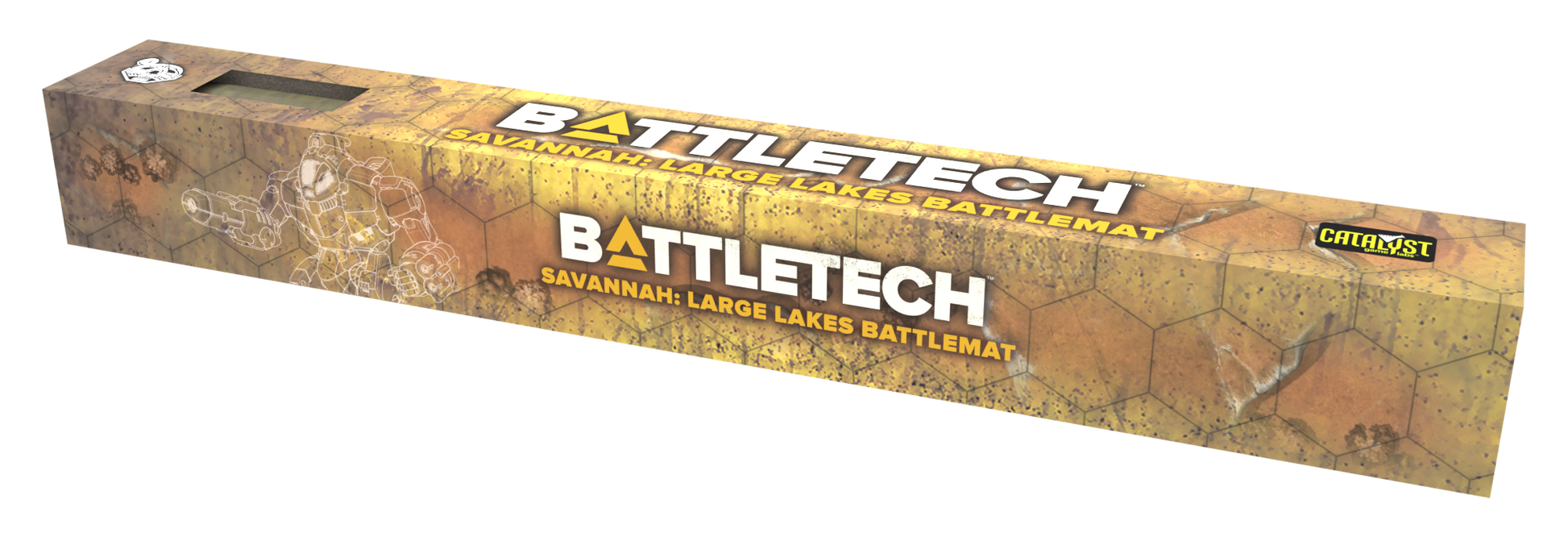 BattleTech BattleMat: Savannah - Large Lakes (PREORDER) - Long rectangular Battletech game mat box with savannah terrain artwork in tan and brown tones, featuring logos and preorder.