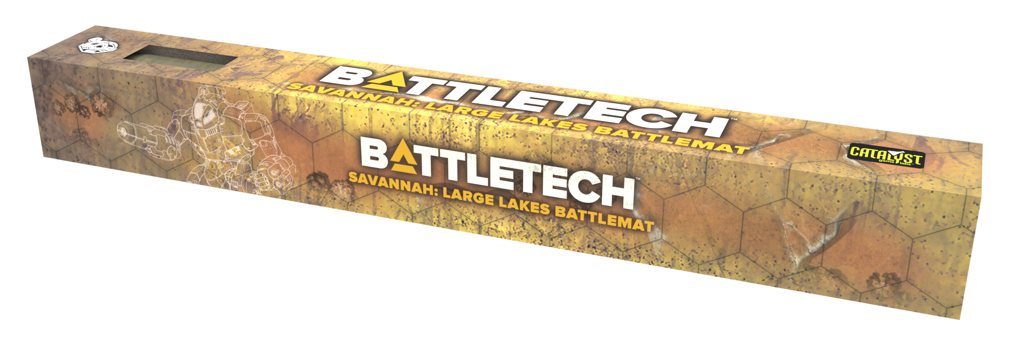 BattleTech BattleMat: Savannah - Large Lakes (PREORDER) - Long rectangular Battletech game mat box with savannah terrain artwork in tan and brown tones, featuring logos and preorder.