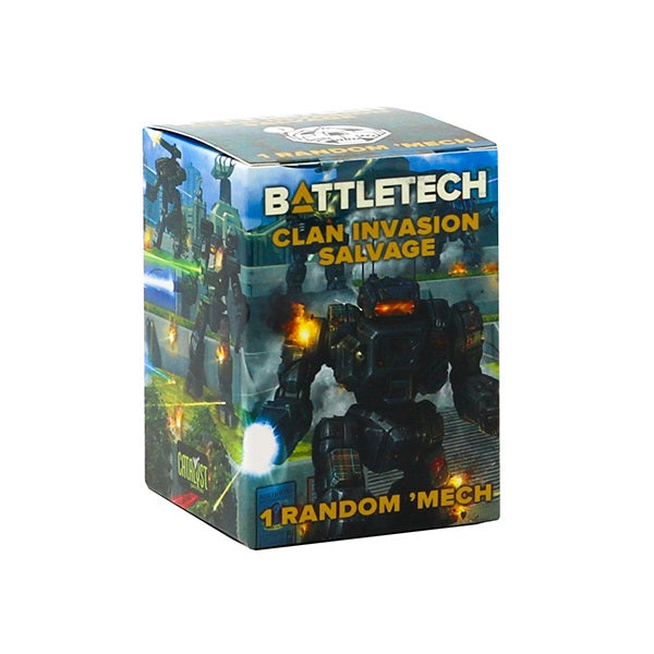 BattleTech: Salvage Blind Box - Clan Invasion (PREORDER) - Compact rectangular box with colorful BattleTech artwork featuring robotic mechs in combat on the front and sides.