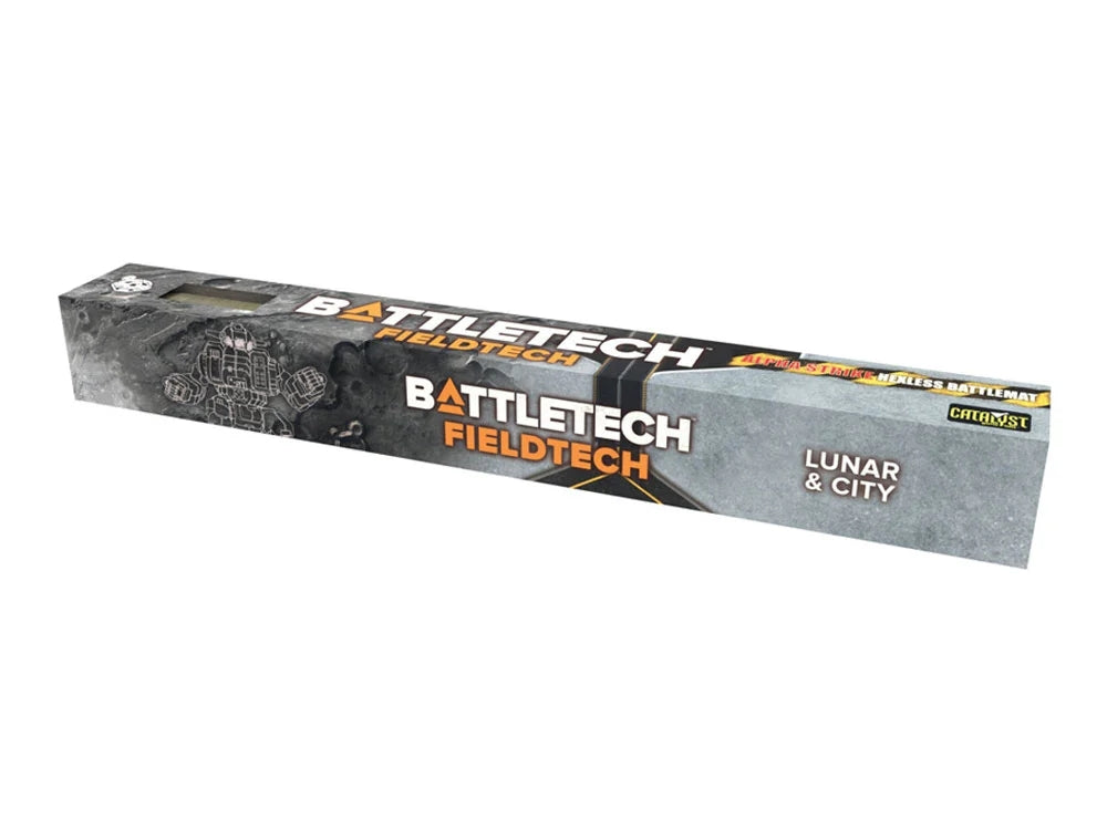 BattleTech BattleMat: FieldTech Alpha Strike - Lunar/City (PREORDER) - Long rectangular box with BattleTech FieldTech branding featuring lunar and city terrain graphics in gray and orange tones.