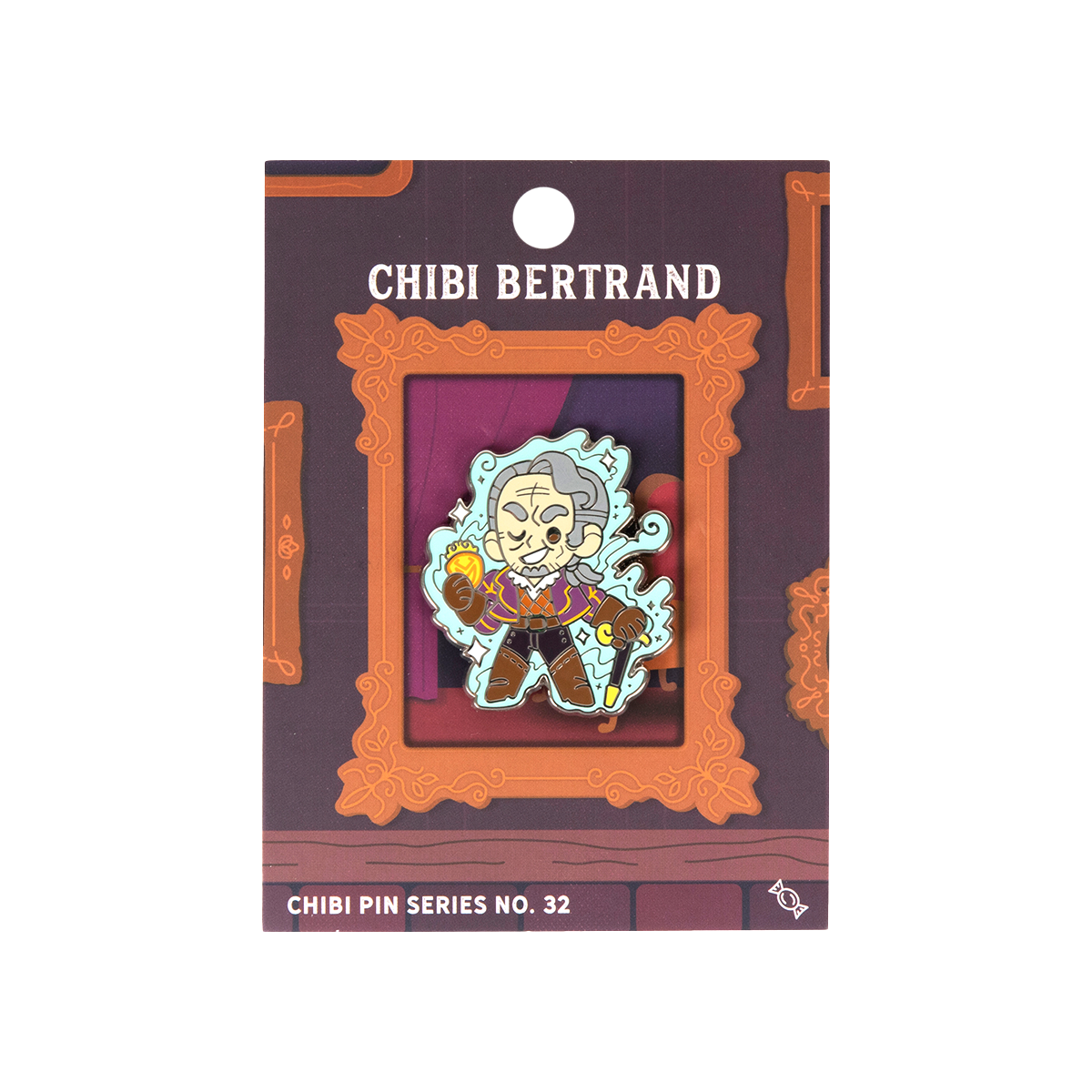 Critical Role Chibi Pin - Bertrand Bell - Chibi-style enamel pin of Bertrand Bell with white hair, brown coat, and glowing magical orb on dark purple backing card.
