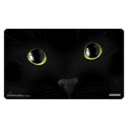 Gamermats Playmat: Black Void Cat by Echo Chernik (PREORDER) - Close-up of a black cat’s face with large reflective yellow-green eyes on a dark playmat background.