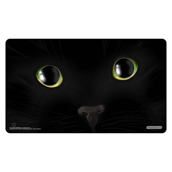 Gamermats Playmat: Black Void Cat by Echo Chernik (PREORDER) - Close-up of a black cat’s face with large reflective yellow-green eyes on a dark playmat background.