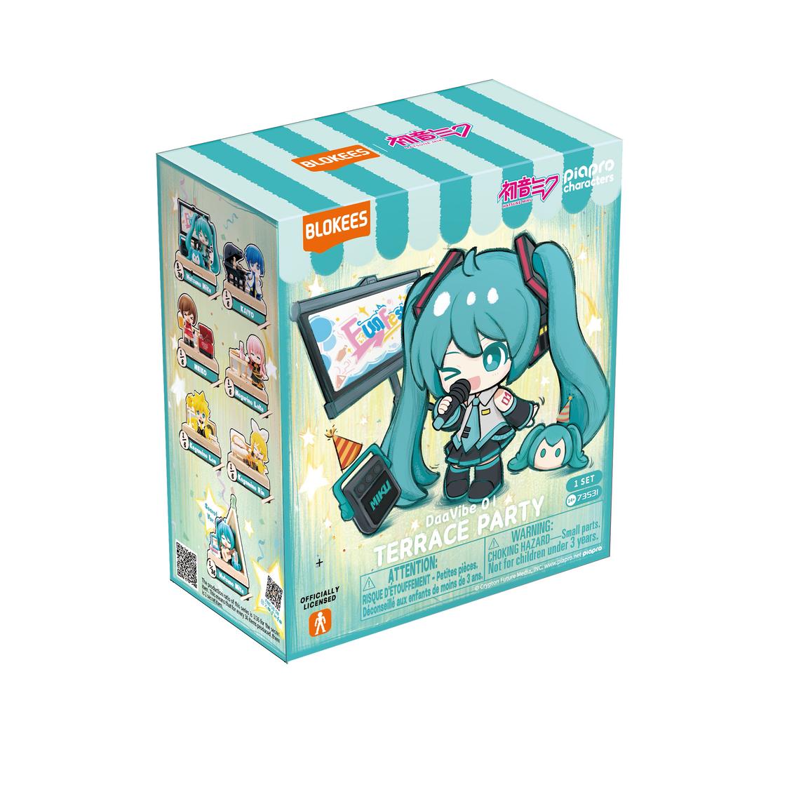 Hatsune Miku Blokees: DaaVibe Series - Terrace Party Blind Box - Hatsune Miku Blokees DaaVibe Series Terrace Party blind box with teal and white striped design and cartoon character artwork.