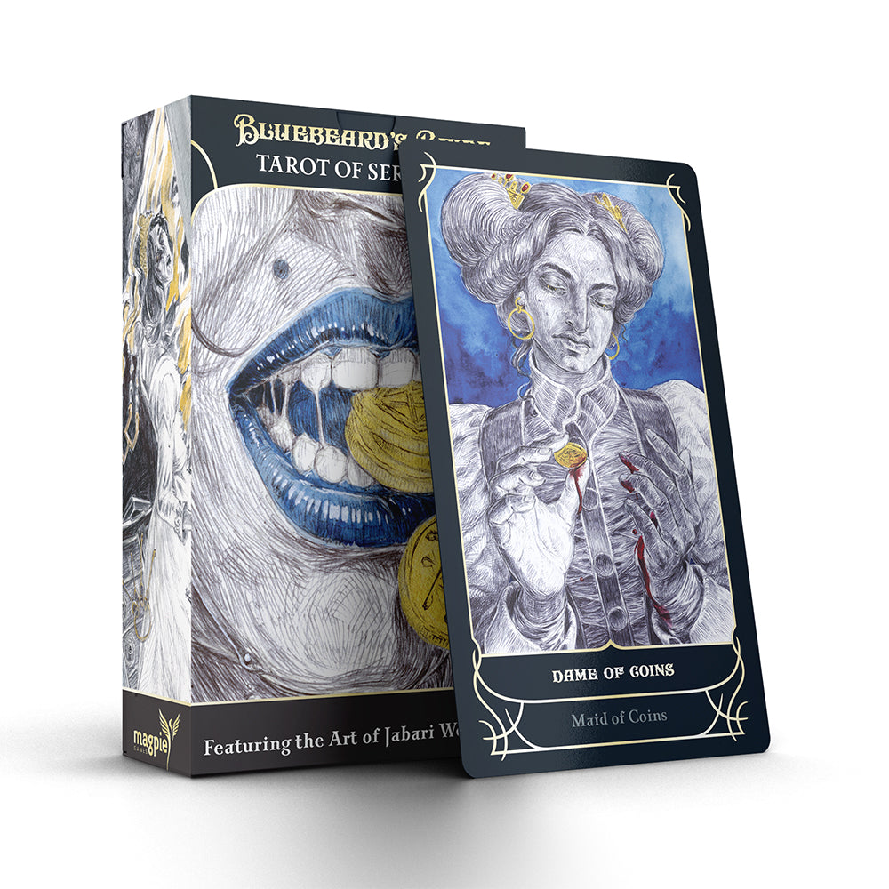 Bluebeard's Bride RPG: Tarot of Servants - Bluebeard's Bride Tarot of Servants deck with dark fantasy art on black-bordered cards and matching box featuring a.