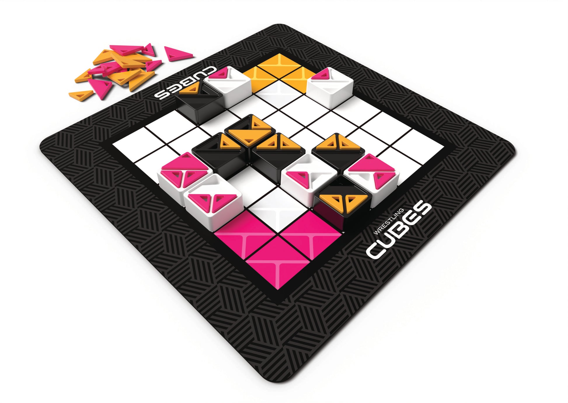 Wrestling Cubes - Black square game board with a grid, featuring pink, orange, and white triangular game pieces arranged in strategic.