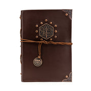 Critical Role Sketchbook - Dark brown leather sketchbook with embossed Critical Role logo, decorative metal corners, and leather tie with metal charm.