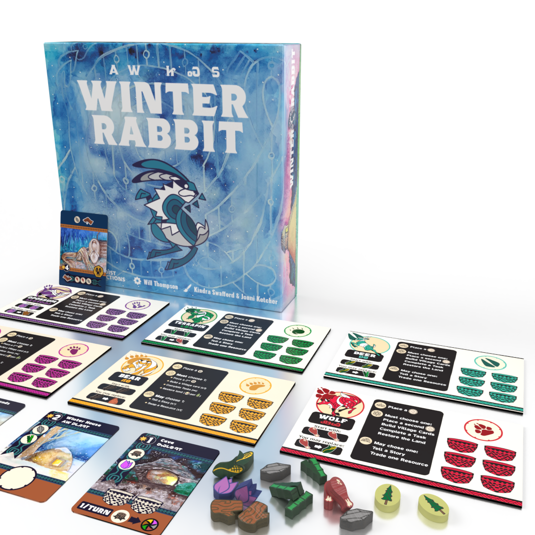 Winter Rabbit - Winter Rabbit strategy board game box with colorful game cards, wooden animal tokens, and round marker pieces arranged on a.