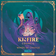 Kinfire Council: Winds of Change - Square game box with teal background, mystical purple cloaked figures, gold decorative border, and golden title text.
