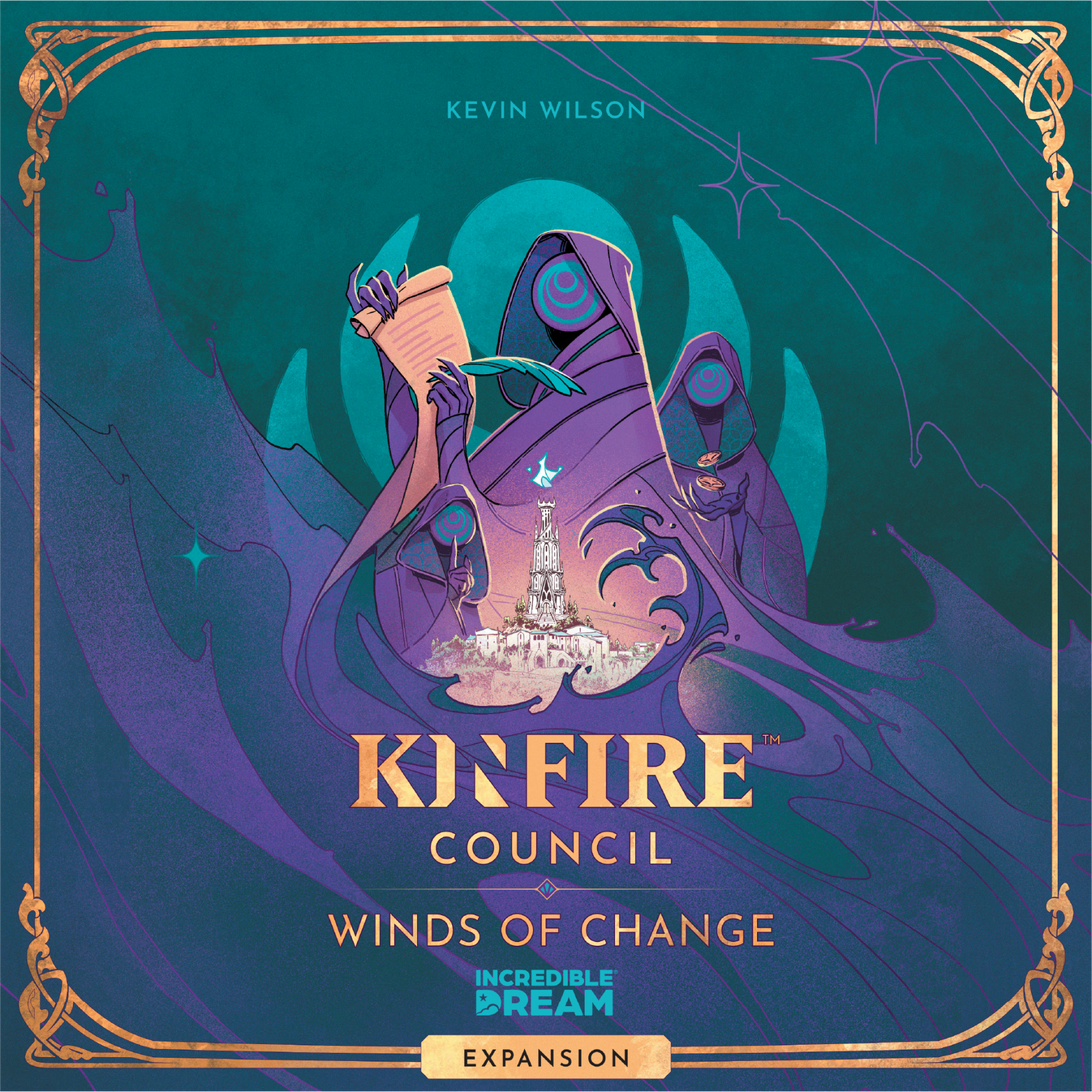 Kinfire Council: Winds of Change - Square game box with teal background, mystical purple cloaked figures, gold decorative border, and golden title text.
