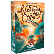 Whoa There Cowboy - Colorful rectangular card game box featuring cartoon animals in cowboy hats against an orange sunset background.