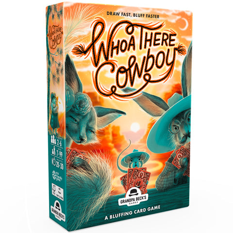 Whoa There Cowboy - Colorful rectangular card game box featuring cartoon animals in cowboy hats against an orange sunset background.
