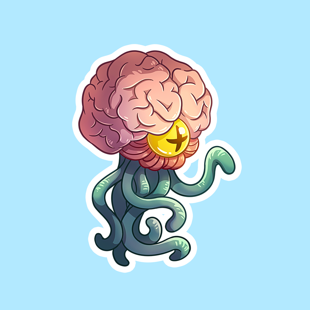 Elder Brain DnD Sticker - Cartoon-style brain with tentacles and a yellow eye, colorful DnD Elder Brain sticker on blue background.