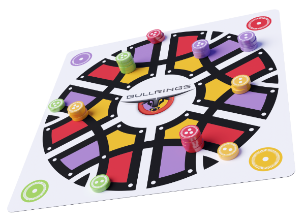 Bullrings - Square board game with intersecting black lines, red and yellow sections, circular colored pieces in green, purple, yellow,.