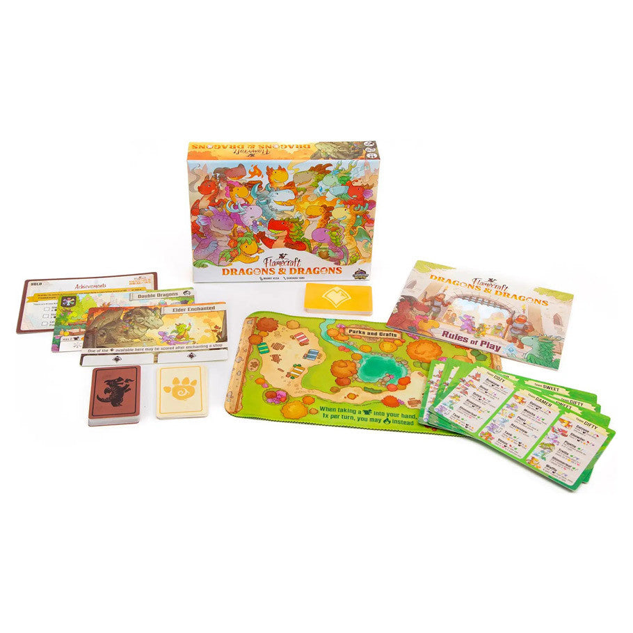 Flamecraft: Dragons & Dragons Expansion - Colorful board game expansion set with illustrated box, game board, cards, and rulebook laid out on white background.