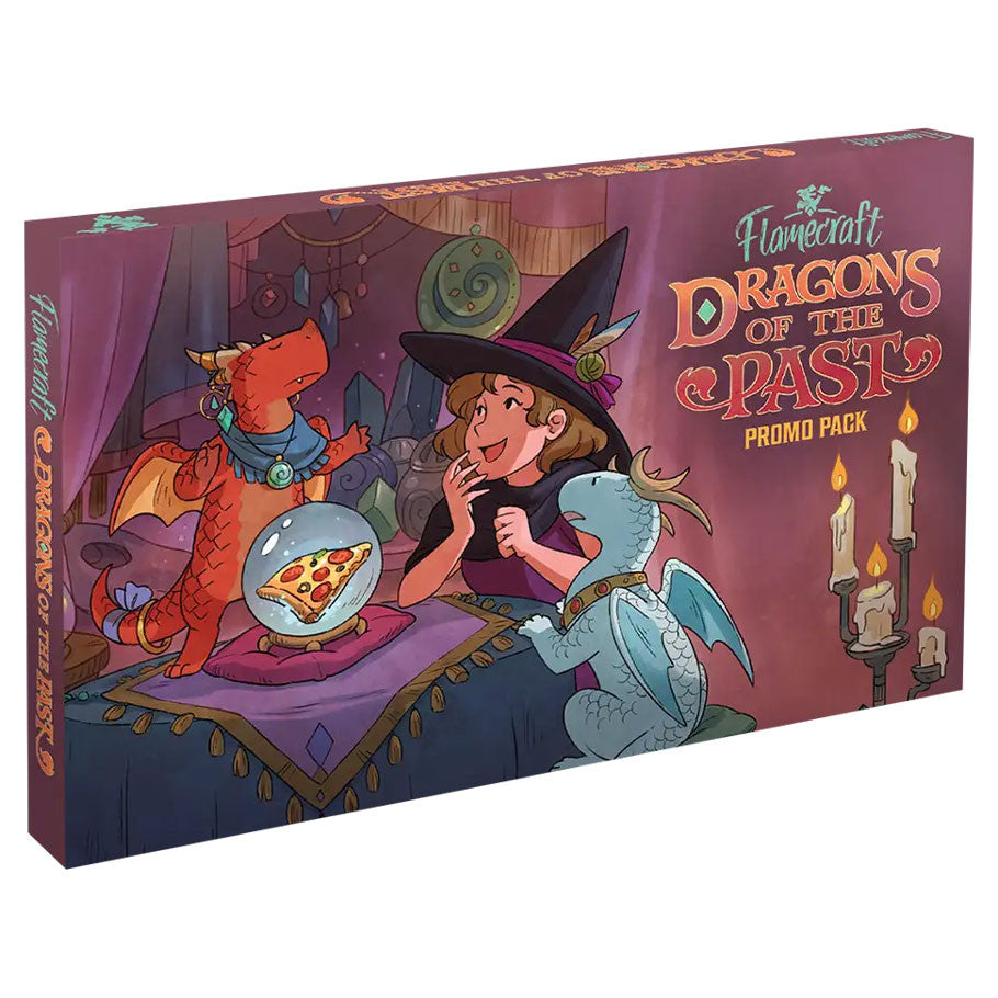 Flamecraft: Dragons of the Past Expansion (PREORDER) - Colorful rectangular box featuring whimsical artwork of a wizard girl and two dragons with fantasy-themed decorations,.