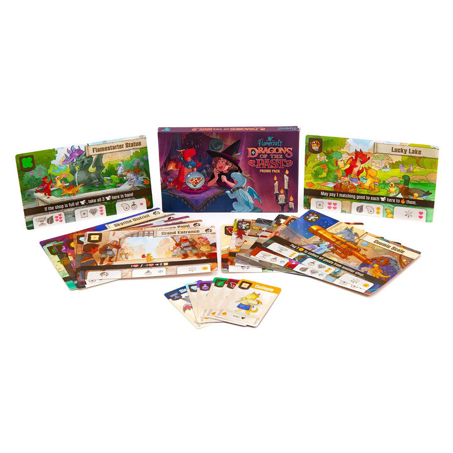 Flamecraft: Dragons of the Past Expansion (PREORDER) - Dragons of the Past Expansion box with colorful fantasy artwork, character cards, and game boards arranged around it.