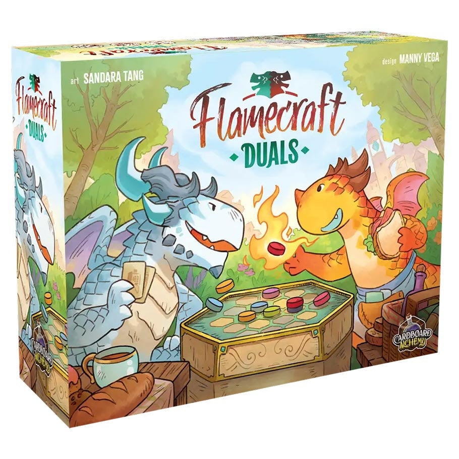 Flamecraft: Duals - Colorful board game box featuring a blue ice dragon and an orange fire dragon playing a tabletop game indoors.