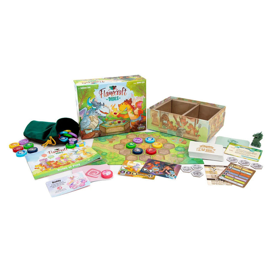 Flamecraft: Duals - Duals board game with colorful tokens, character cards, wooden game box insert, game board, and instruction cards on white.