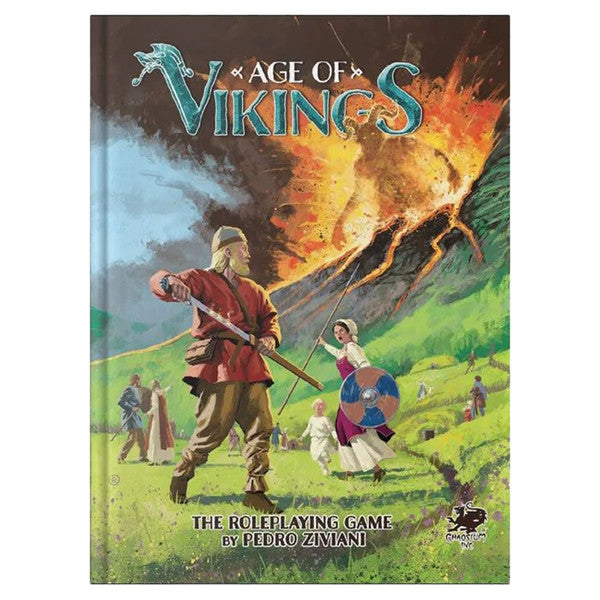 Age of Vikings Corebook - Hardcover RPG book titled Age of Vikings with Viking warriors and erupting volcano artwork on the cover.