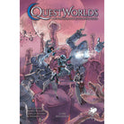QuestWorlds - QuestWorlds RPG book with futuristic robot battle scene in purple and pink tones on the cover.