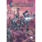 QuestWorlds - QuestWorlds RPG book with futuristic robot battle scene in purple and pink tones on the cover.