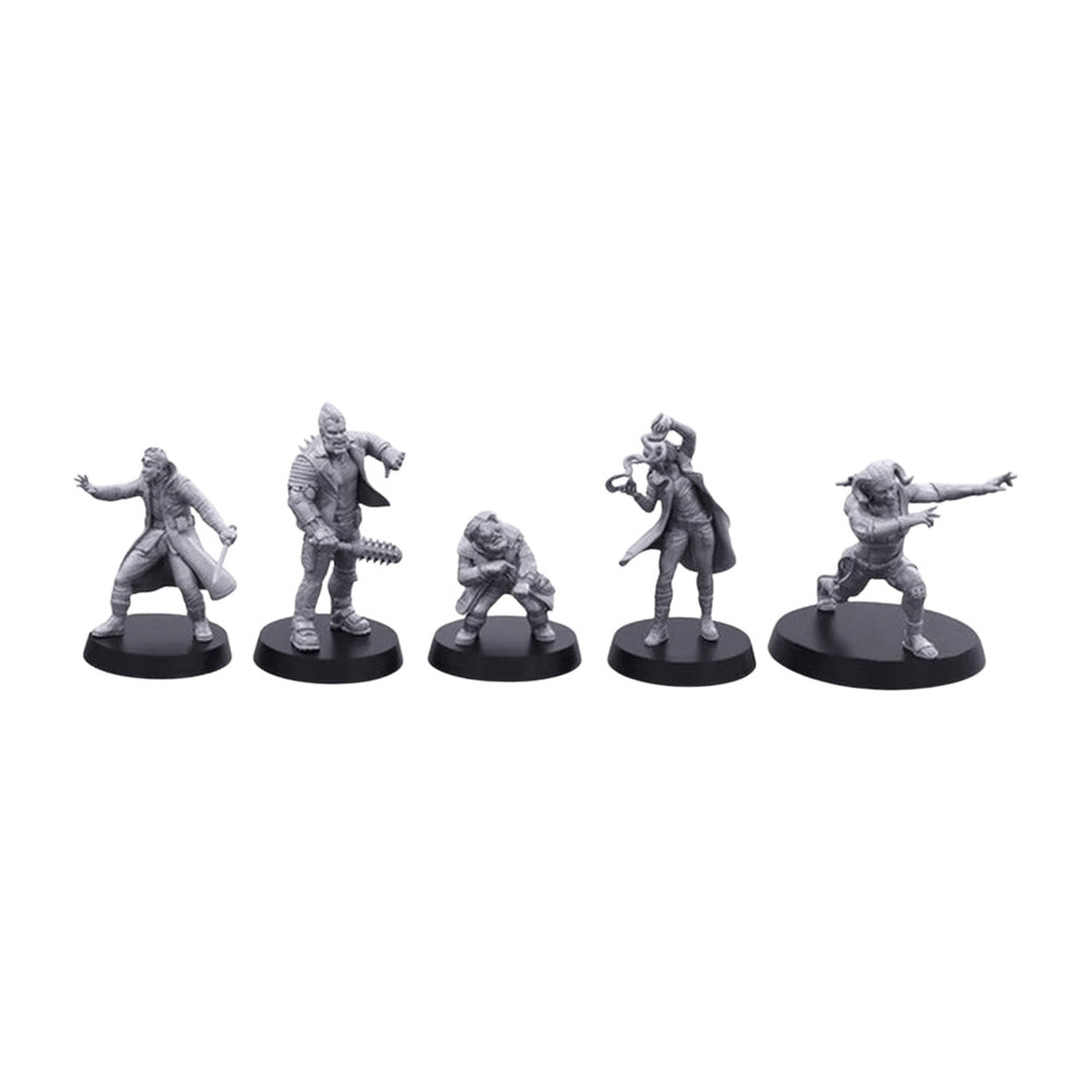 Shadowrun: Controlled Chaos Miniatures (PREORDER) - Set of five gray plastic Shadowrun miniatures with detailed futuristic and tactical gear, each posed uniquely on round black