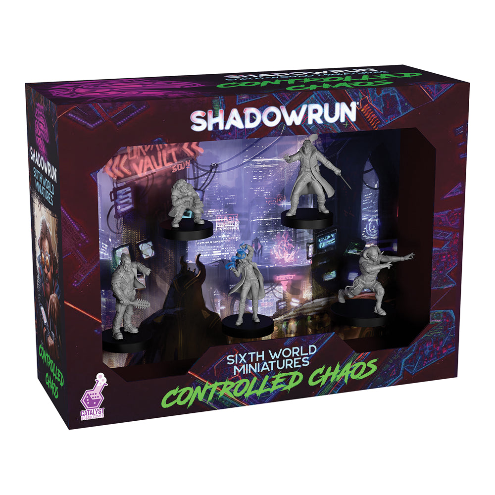 Shadowrun: Controlled Chaos Miniatures (PREORDER) - Set of six detailed gray resin miniatures showcasing futuristic, cyberpunk-style characters with weapons and dynamic poses.