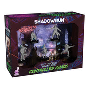 Shadowrun: Controlled Chaos Miniatures (PREORDER) - Set of six detailed gray resin miniatures showcasing futuristic, cyberpunk-style characters with weapons and dynamic poses.