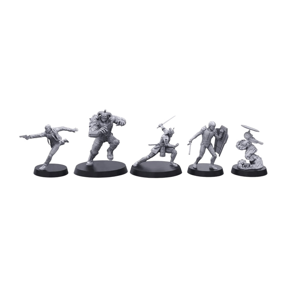 Shadowrun: Corporate Threats Miniatures (PREORDER) - Set of five gray plastic miniatures depicting futuristic warriors in dynamic combat poses on round black bases.