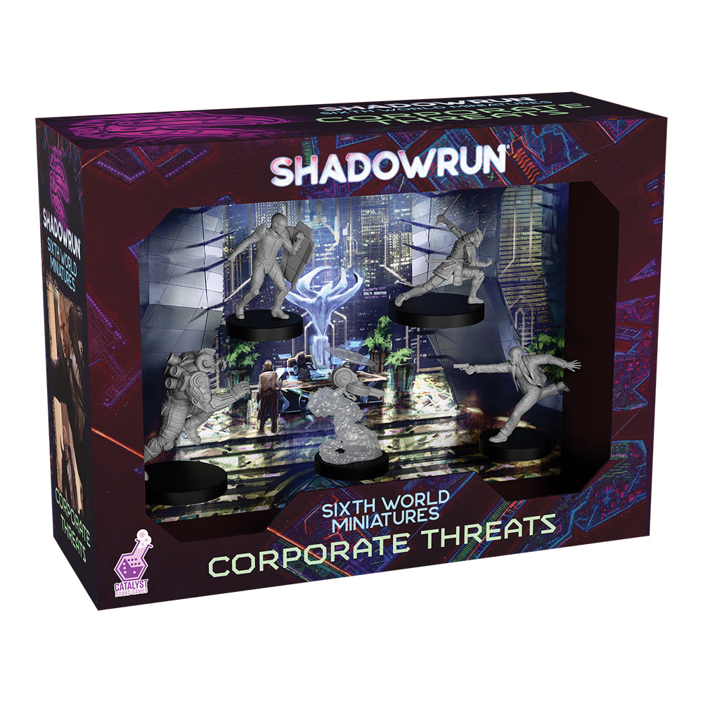 Shadowrun: Corporate Threats Miniatures (PREORDER) - Shadowrun Corporate Threats miniatures set with detailed futuristic characters and accessories shown in a dark purple and.