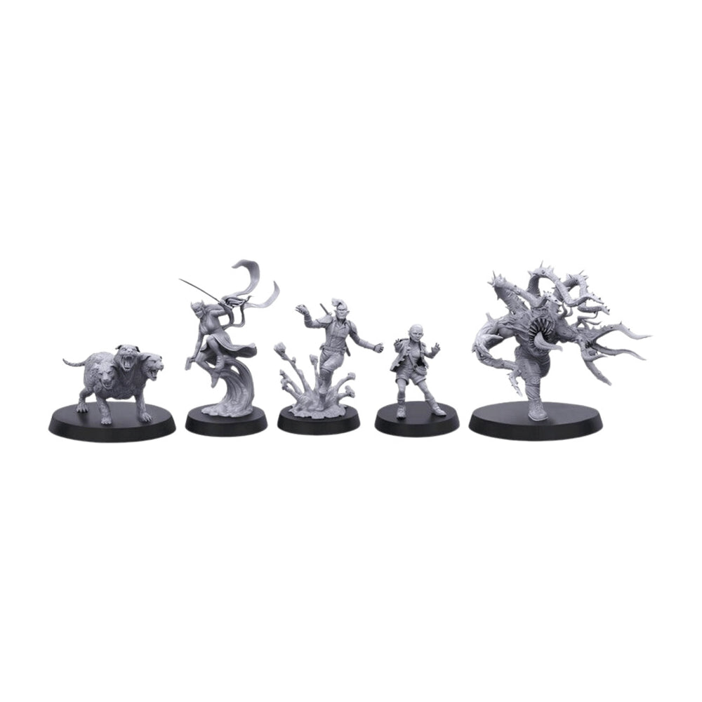 Shadowrun: Savage Threats Miniatures (PREORDER) - Set of five unpainted gray plastic miniatures depicting fantasy creatures and warriors on round black bases.