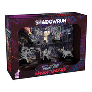 Shadowrun: Savage Threats Miniatures (PREORDER) - Shadowrun Savage Threats Miniatures box with detailed gray plastic figures of futuristic and mythical creatures inside a.