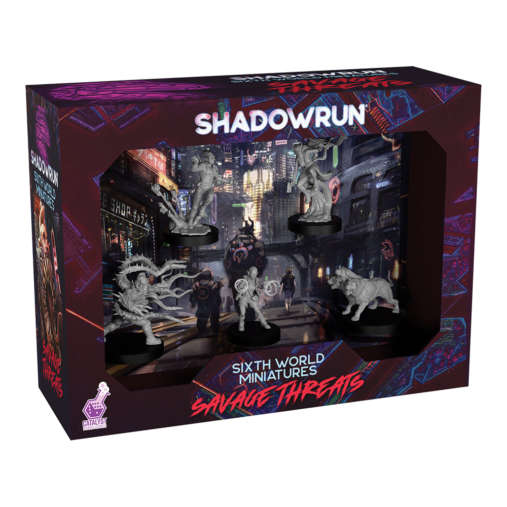 Shadowrun: Savage Threats Miniatures (PREORDER) - Shadowrun Savage Threats Miniatures box with detailed gray plastic figures of futuristic and mythical creatures inside a.