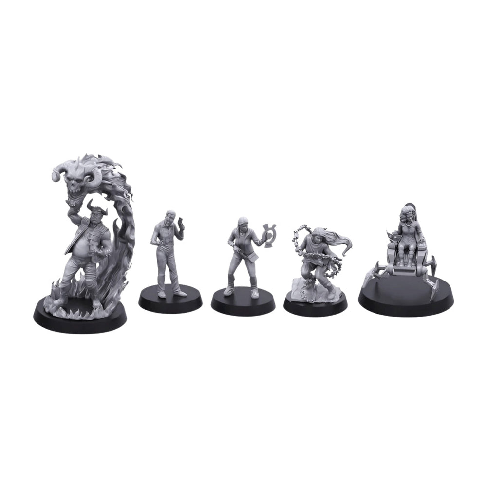 Shadowrun: Sprawl Runners Miniatures (PREORDER) - Five unpainted gray plastic miniatures featuring futuristic and fantasy characters, including a large reptilian creature,.