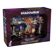 Shadowrun: Sprawl Runners Miniatures (PREORDER) - Set of detailed Shadowrun Sprawl Runners miniatures in dynamic poses, gray plastic, futuristic cyberpunk style.