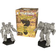 BattleTech: Salvage Blind Box - Mercenaries Legendary II & III (PREORDER) - BattleTech Salvage Blind Box with camo-patterned yellow and brown packaging, flanked by two gray plastic mech miniatures on.