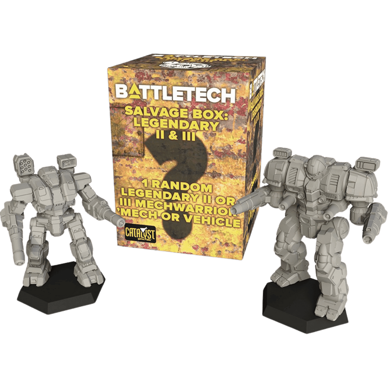 BattleTech: Salvage Blind Box - Mercenaries Legendary II & III (PREORDER) - BattleTech Salvage Blind Box with camo-patterned yellow and brown packaging, flanked by two gray plastic mech miniatures on.