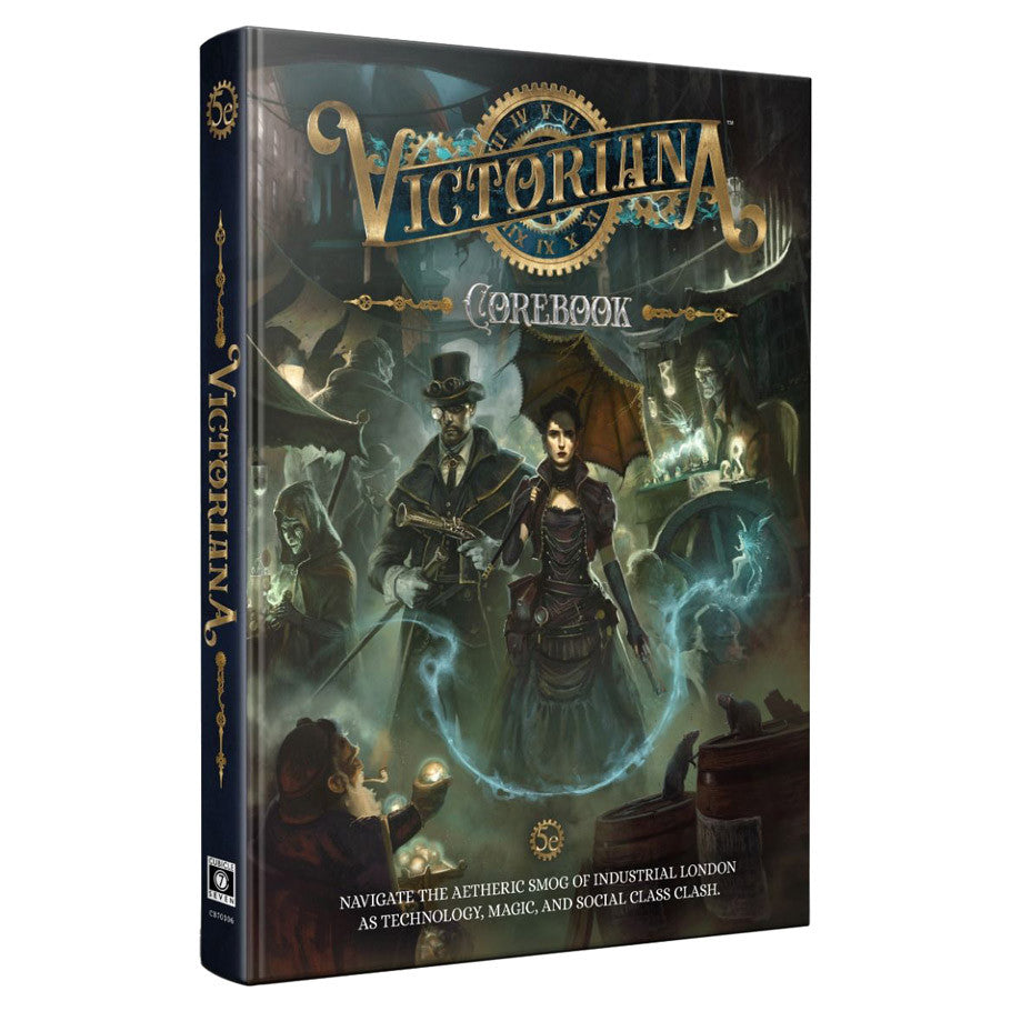 Victoriana RPG: Corebook (PREORDER) - Dark Victorian-themed RPG corebook cover with steampunk elements, featuring a man in top hat and a woman in period dress.
