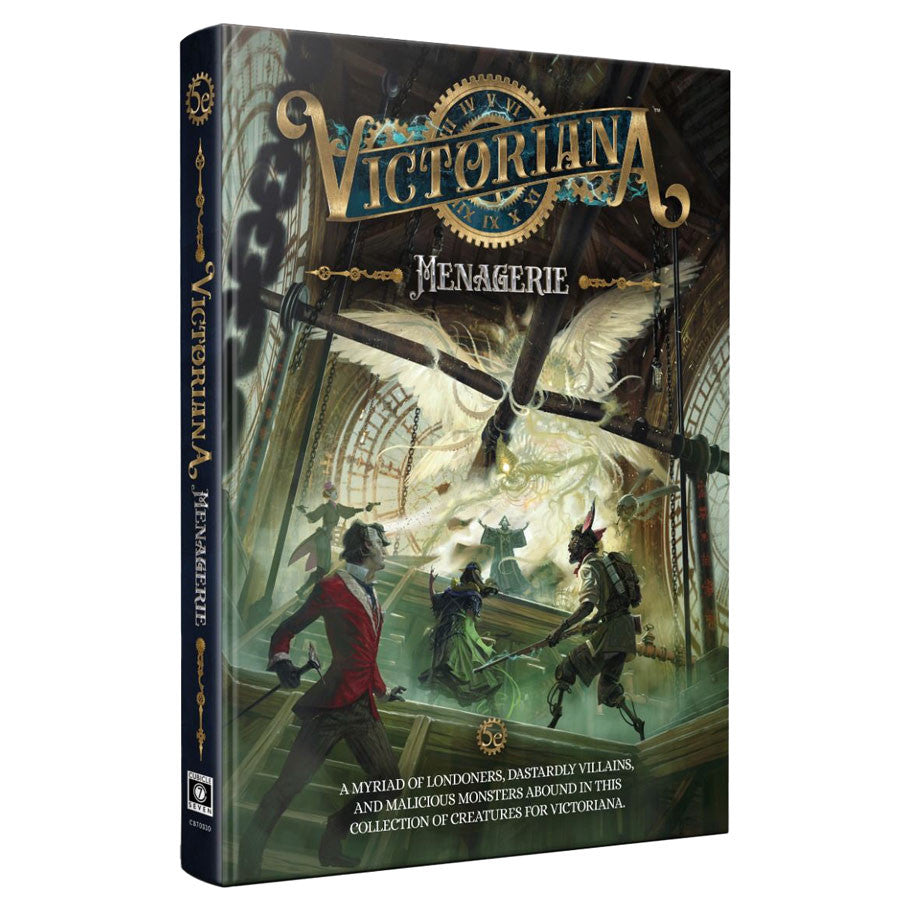 Victoriana: Menagerie (PREORDER) - Dark steampunk RPG book cover titled Victoriana Menagerie featuring Victorian figures and mechanical wings in a dim,.