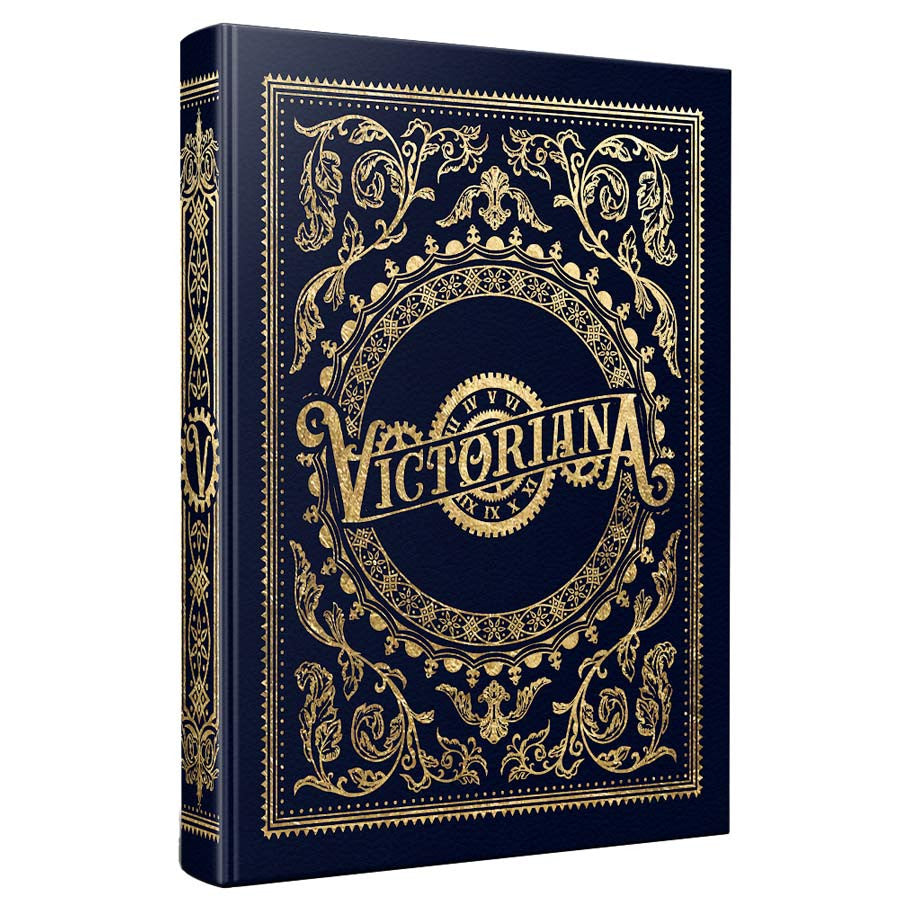 Victoriana RPG: Corebook, Collector's Edition (PREORDER) - Navy blue hardcover book with intricate gold Victorian-style floral and ornamental designs and "Victoriana" title embossed.
