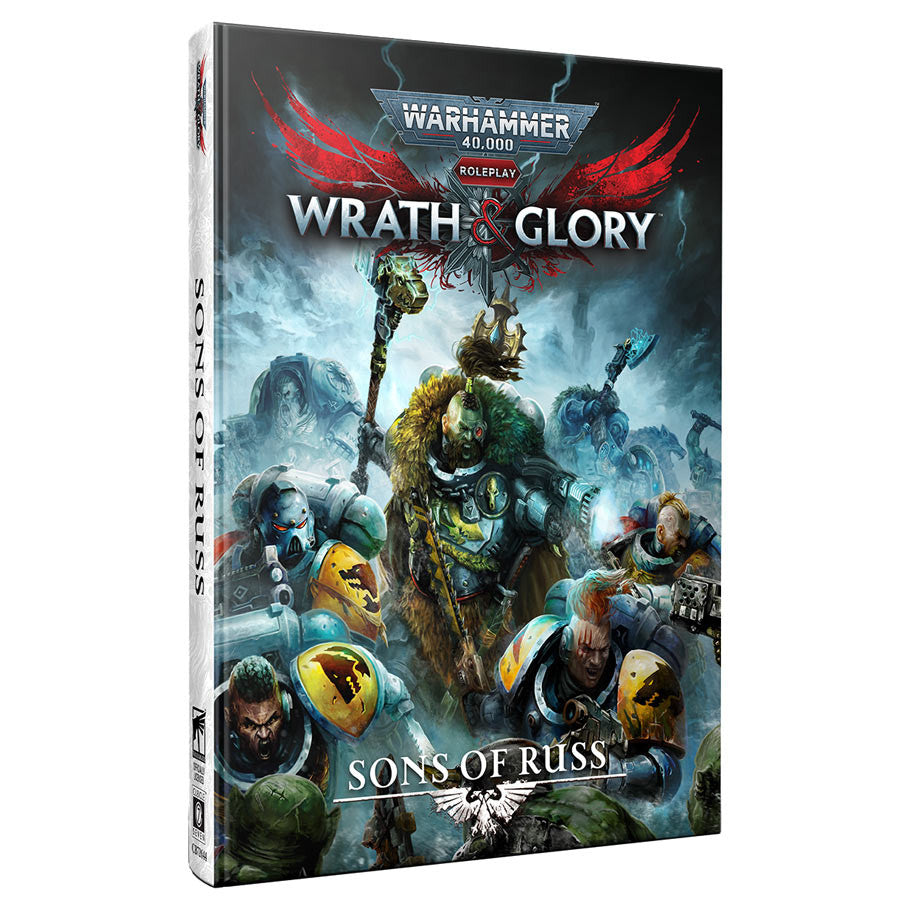 Warhammer 40,000 Roleplay: Wrath & Glory: Sons of Russ Standard Edition (PREORDER) - Warhammer 40,000 Wrath & Glory Sons of Russ hardcover book with armored Space Marines on stormy battlefield cover.