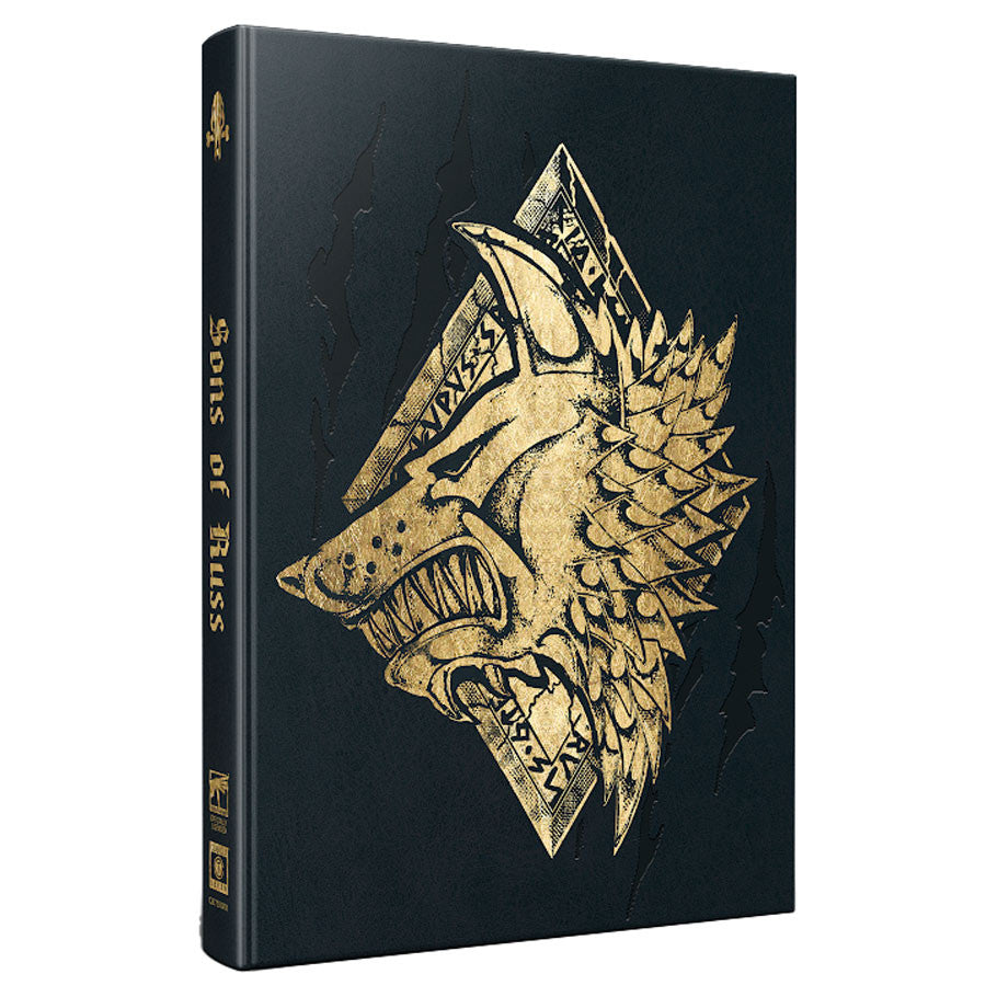 Warhammer 40,000 Roleplay: Wrath & Glory: Sons of Russ Collector's Edition (PREORDER) - Black hardcover book with gold embossed wolf head emblem on front and gold title "Sons of Russ" on spine.