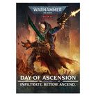 Warhammer 40,000: Day of Ascension The Card Game - Day of Ascension card game box featuring armored warrior with green energy blade and pistol, fiery background.