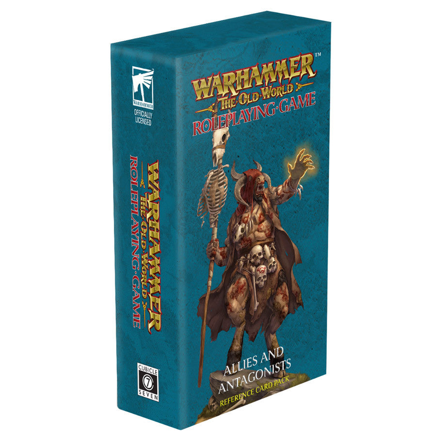 Warhammer: The Old World Roleplaying Game: Allies & Antagonists Card Deck (PREORDER) - Rectangular card deck box in teal with fantasy warrior artwork and gold-yellow title text on front and spine.