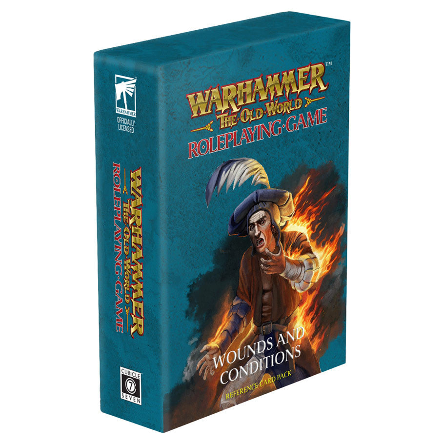 Warhammer: The Old World Roleplaying Game: Wounds & Conditions Deck (PREORDER) - The Old World Roleplaying Game title and illustration of a cloaked figure casting fiery magic on the front.