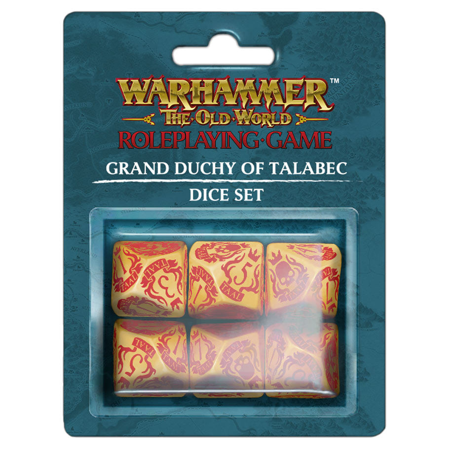 Warhammer: The Old World Roleplaying Game: Grand Duchy of Talabec Dice Set (PREORDER) - Set of six yellow dice with red dragon designs, packaged in a blue carded blister pack labeled Warhammer Old World RPG Grand