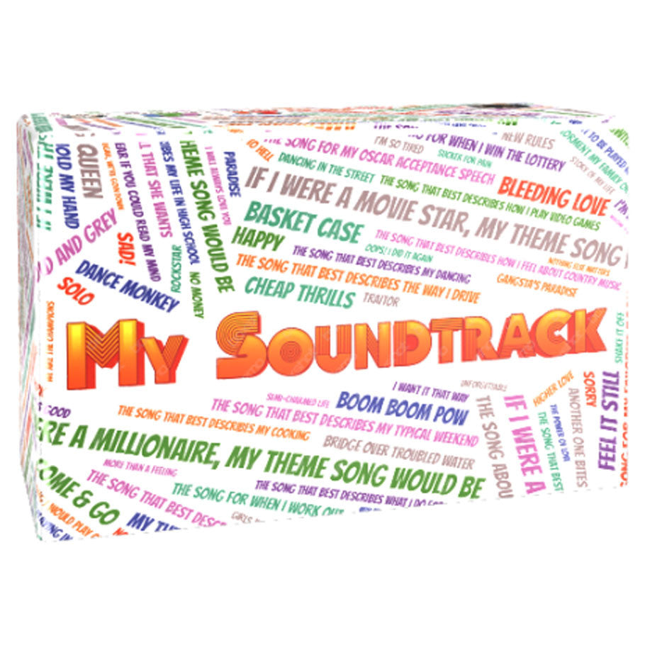 My Soundtrack (PREORDER) - Rectangular white game box covered in colorful song title phrases with bold orange and yellow "My Soundtrack" text on the.